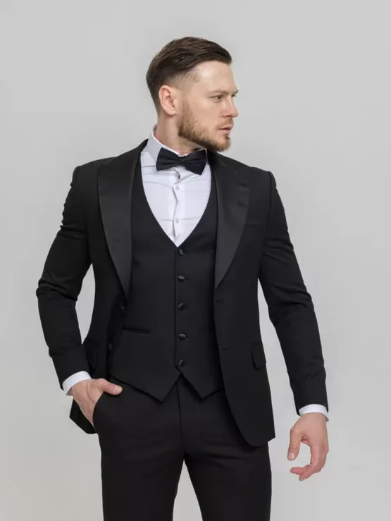 Костюм-тройка смокинг матово черный Вечерние мужские костюмы