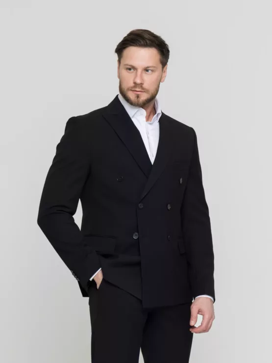 Двубортный черный костюм Костюм двойка