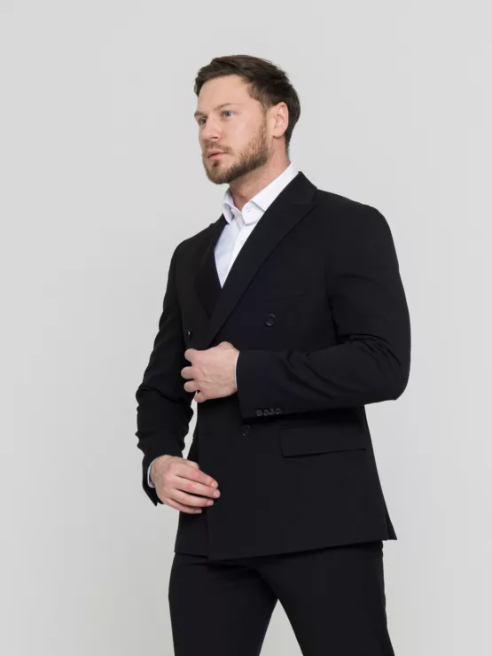 Двубортный черный костюм Костюм двойка