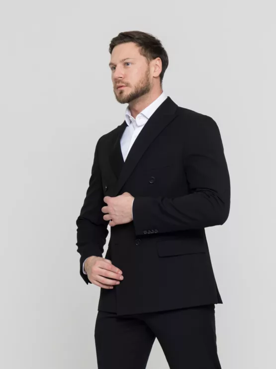 Двубортный черный костюм Костюм двойка